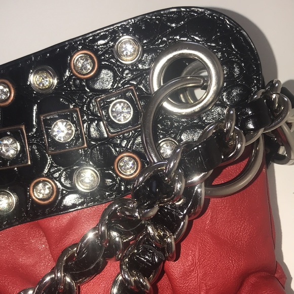 Absolutely beautiful red bag with black accents and sequence. Worn places shown. - Picture 10 of 11